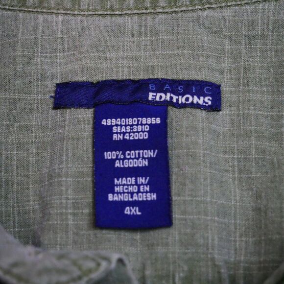 Basic Editions Mens Size 4XL Cotton Button Down Green Olive Short Sleeve - Picture 3 of 12